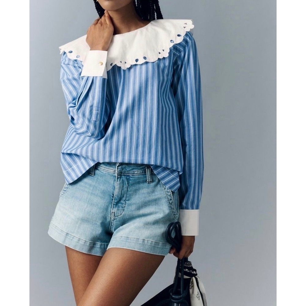 Anthropologie Pilcro Striped Scalloped Eyelet Collar Back Button Shirt Blue M